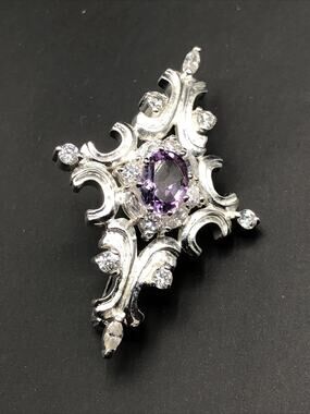 Vintage JC 925 Sterling Silver Amethyst Brooch Pin 1.25" Wide Purple